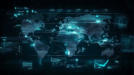 Poster - A digital world map with interactive data points and futuristic navigation tools