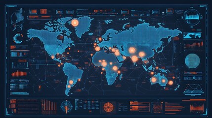 Poster - A digital world map with interactive data points and futuristic navigation tools