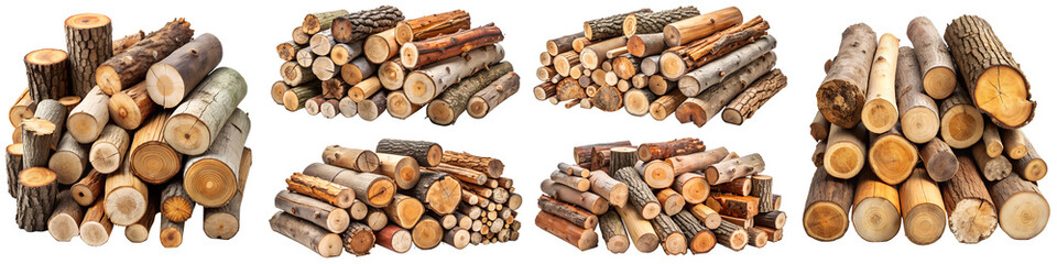 Different types of old wood logs on transparent background PNG file