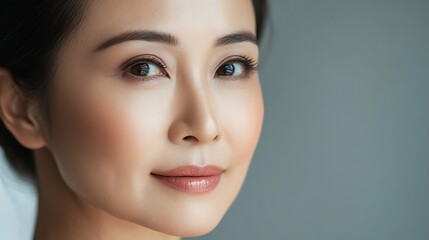 Wall Mural - Close-up portrait of a woman with dark hair, natural makeup, and a soft smile.