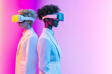 Two multiracial teenagers wearing white virtual reality goggles against a neon background.