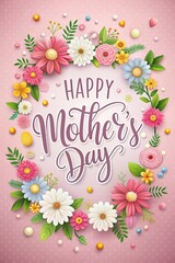  Happy Mother's Day invitation card. Greeting card with realistic flowers, white and red hearts. For sale, promotion, social media, website, ad