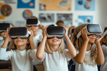 Kids in white T-shirts in a school classroom using virtual reality goggles