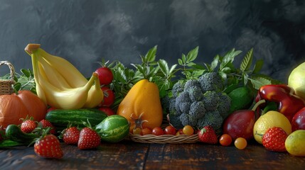 Poster - A colorful arrangement of various fruits and vegetables on a wooden table