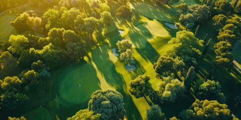 Wall Mural - Aerial view of a luxury golf course with green fairways and lush trees