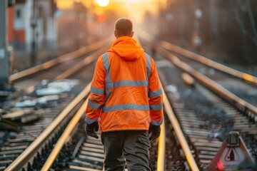 Poster - A person walking along the railroad tracks in an orange jacket, with a clear view of the surrounding landscape