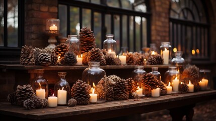 Poster - A beautiful Christmas display of candles, pine cones, and flowers on a wooden table with a brick fireplace in the background on festival.