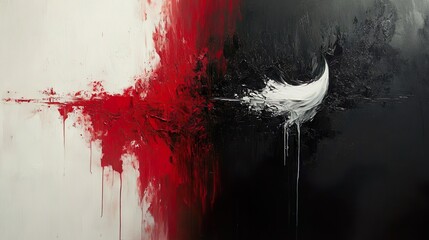 Canvas Print - Abstract painting in bold black white and striking red tones