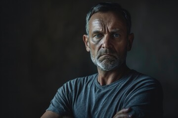 Canvas Print - A person wearing a gray shirt with their arms crossed, possibly indicating a sense of caution or hesitation