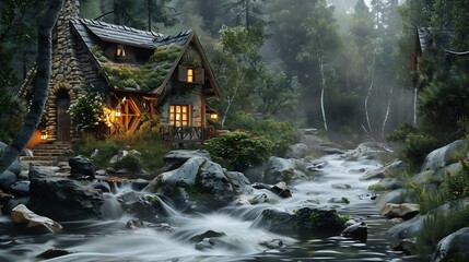 Trail to the wooden cabin in the forest near the river