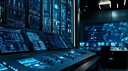 Poster - A futuristic energy plant equipped with digital control panels and advanced power systems.