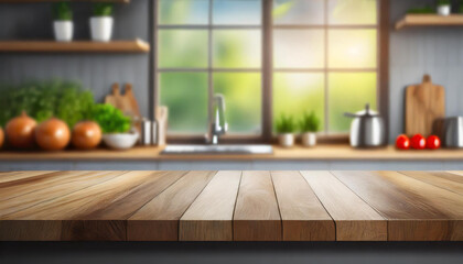 Wood table platform in a kitchen facing a window with out of focus interior background with kitchen shelves, sink, and faucet