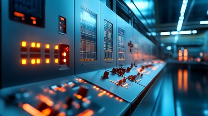 Poster - A futuristic energy plant with digital control panels and advanced power systems