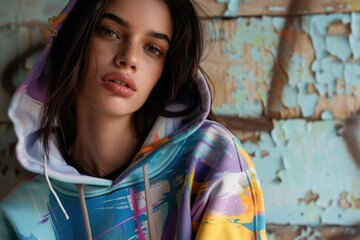 Wall Mural - A woman poses for the camera wearing a bright and colorful hoodie