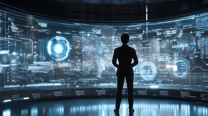 Poster - A futuristic lab conducting AI-driven experiments with digital data visualizations.
