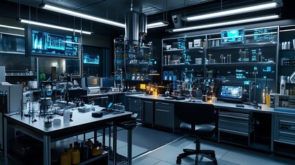 Poster - A futuristic lab conducting AI-driven experiments with digital data visualizations.