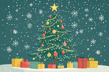 Wall Mural - A decorated Christmas tree with colorful ornaments and a shining star on top, surrounded by gift boxes and tiny snowflakes, hand drawn, flat illustration