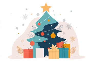 Wall Mural - A decorated Christmas tree with colorful ornaments and a shining star on top, surrounded by gift boxes and tiny snowflakes cute minimal illustration doodle style