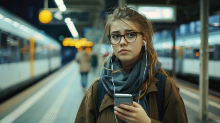 Poster - A person waiting at a train station holding a cell phone, ready to depart