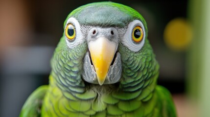 Poster - A close up of a green parrot with yellow eyes and beak, AI