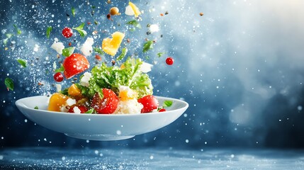 Wall Mural - Fresh salad ingredients flying over white plate on blue background.