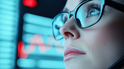 Canvas Print - A woman wearing glasses and a headset looking at something, AI