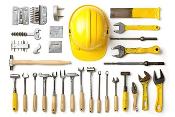 Poster - A yellow hard hat sits alongside various tools, great for construction or DIY scenes