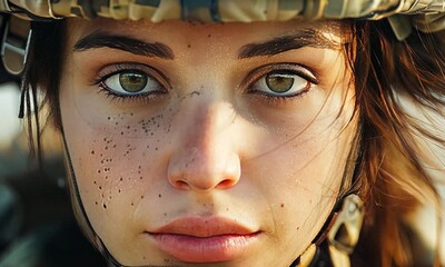 Wall Mural - a female soldier on the battlefield close-up.