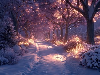 Wall Mural - enchanted winter wonderland with crystalline trees swirling snowflakes and ethereal bluepurple glow whimsical forest scene with hidden magical creatures and twinkling lights