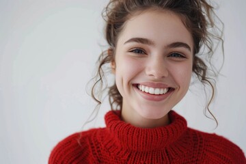 Wall Mural - A smiling woman wearing a cozy red sweater on a casual day