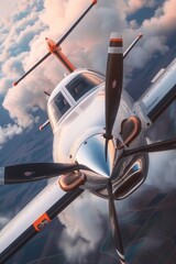 Poster - A small propeller plane flying through a cloudy sky, suitable for use in illustrations about aviation, travel or adventure
