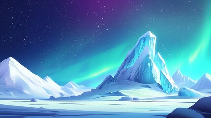 Wall Mural - A tall, icy mountain peak rises against a background of a starry night sky with a vibrant green aurora borealis.