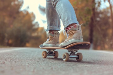 Wall Mural - A person rides a skateboard down a busy city street