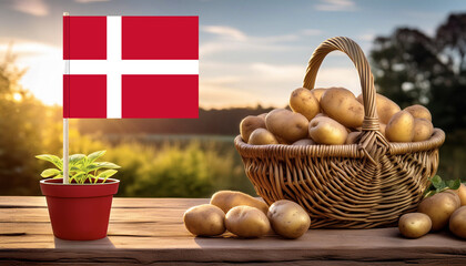 Wall Mural - Denmark flag on potted potato seedling,and wicker basket full of potatoes on wooden table,against agricultural field at dawn.Danish agriculture,import,export and production concept.