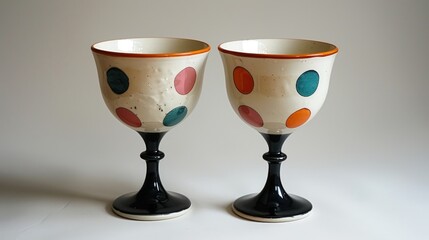 Two ceramic goblets with polka dot designs in various colors, arranged on a white background.