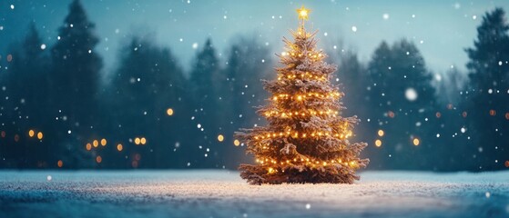 Wall Mural - Illuminated Christmas Tree in Snowy Forest