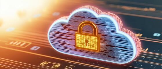 Poster - A digital cloud with a secure padlock symbol representing data protection and security in cloud computing technology.