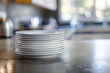 Poster - Stack of white plates on a kitchen countertop