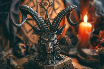Poster - A statue of a horned goat with a candle in the background, can be used as a decorative element or symbol for mythological and symbolic themes