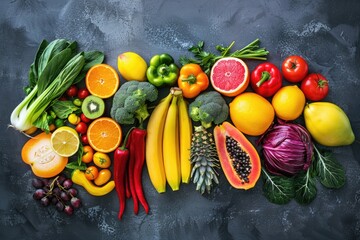 Poster - A colorful array of fruits and vegetables arranged on a table for sale or presentation