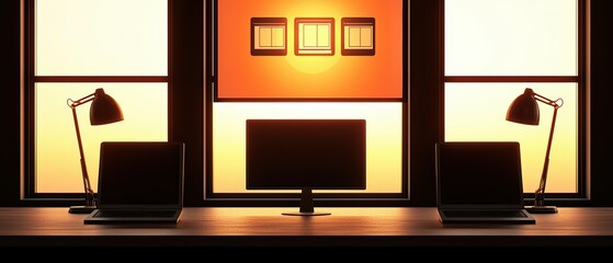 Poster - A tranquil home office setup featuring two screens, stylish lamps, and warm sunlight streaming through large windows.