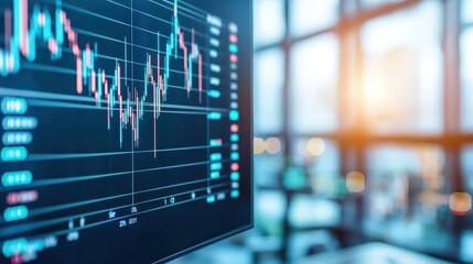 Poster - Close-up of a digital stock market chart showing financial trends. Modern office environment with soft natural light.