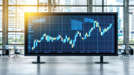 Poster - Digital financial graph on a large screen showing stock market trends in a modern office environment.