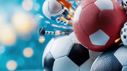 Dynamic collection of various sports balls bursting with energy against a vibrant background, perfect for sports concepts and themes.