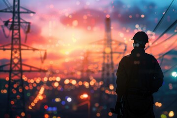 Poster - A person standing by power transmission lines during golden hour