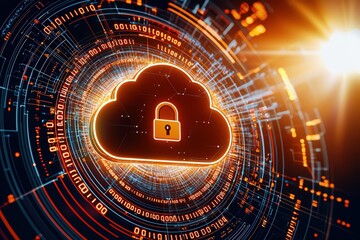 Poster - Illustration of cloud security with a padlock, symbolizing data protection and cybersecurity in a digital environment.