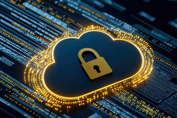 Poster - Illustration of cloud technology with a secure lock symbol, representing data protection and cybersecurity in the digital age.