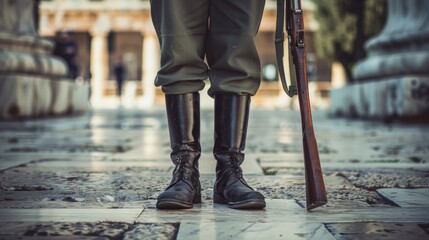 Poster - A soldier stands on a sidewalk holding a rifle