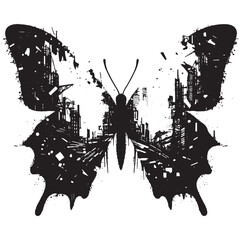 silhouette of Butterfly, filled with destroyed futuristic dystopia environment in rough drawing,