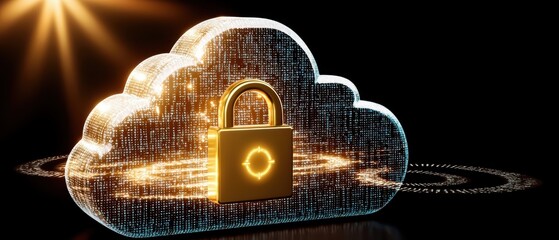 Poster - Secure cloud storage symbolizing data protection with a glowing padlock amidst digital elements, ensuring safety in the cloud.